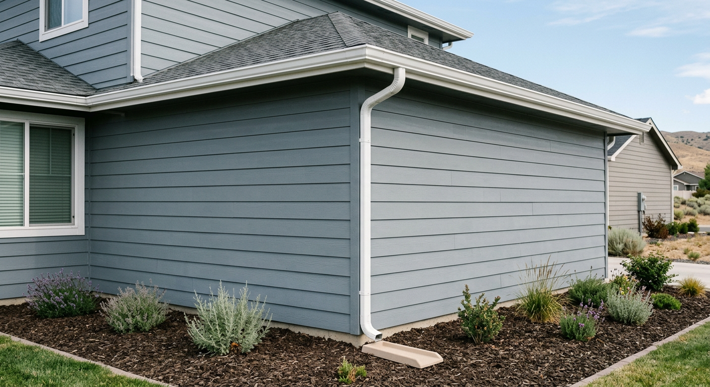 After: tight sealed gutter corner with a new downspout and clean siding