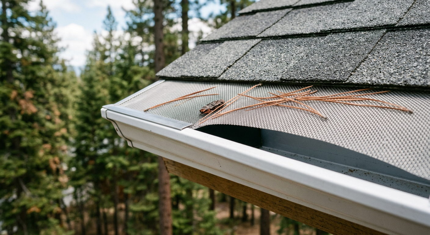 After: the same gutter covered by a stainless micro-mesh guard with a few needles sitting on top