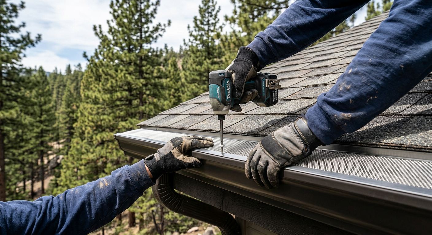 An installer fastening a stainless micro-mesh guard onto a seamless gutter