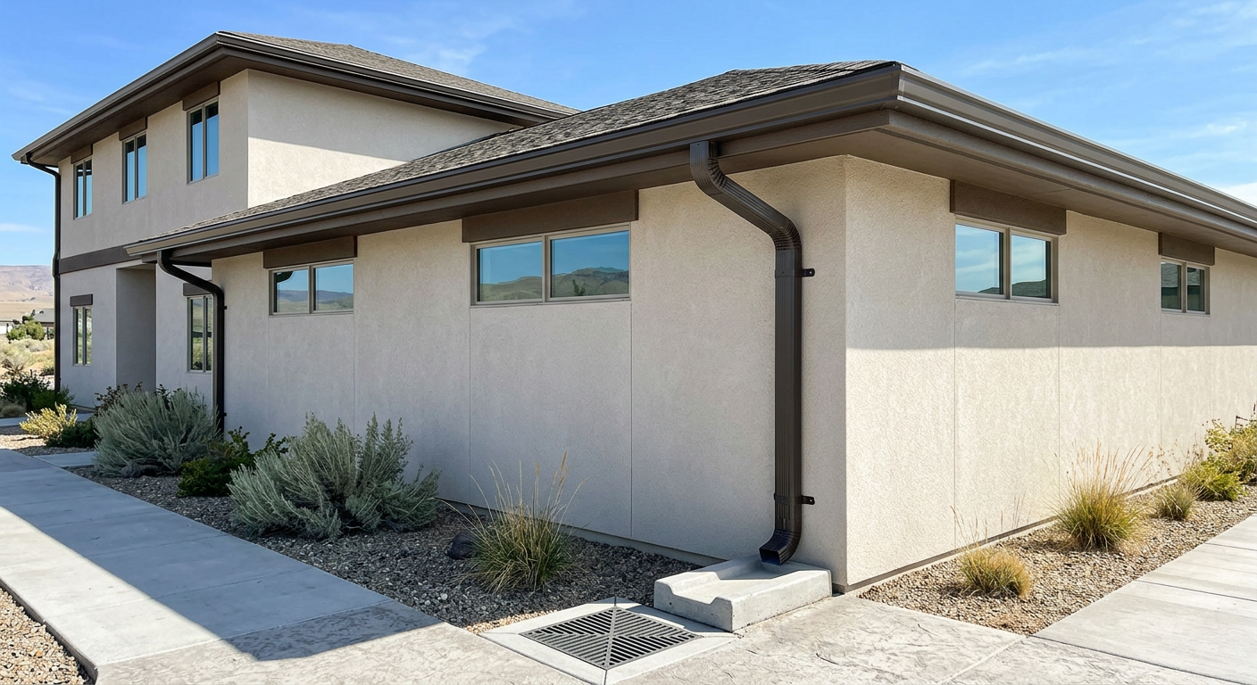 A 6-inch seamless gutter with an oversized downspout on a stucco commercial building