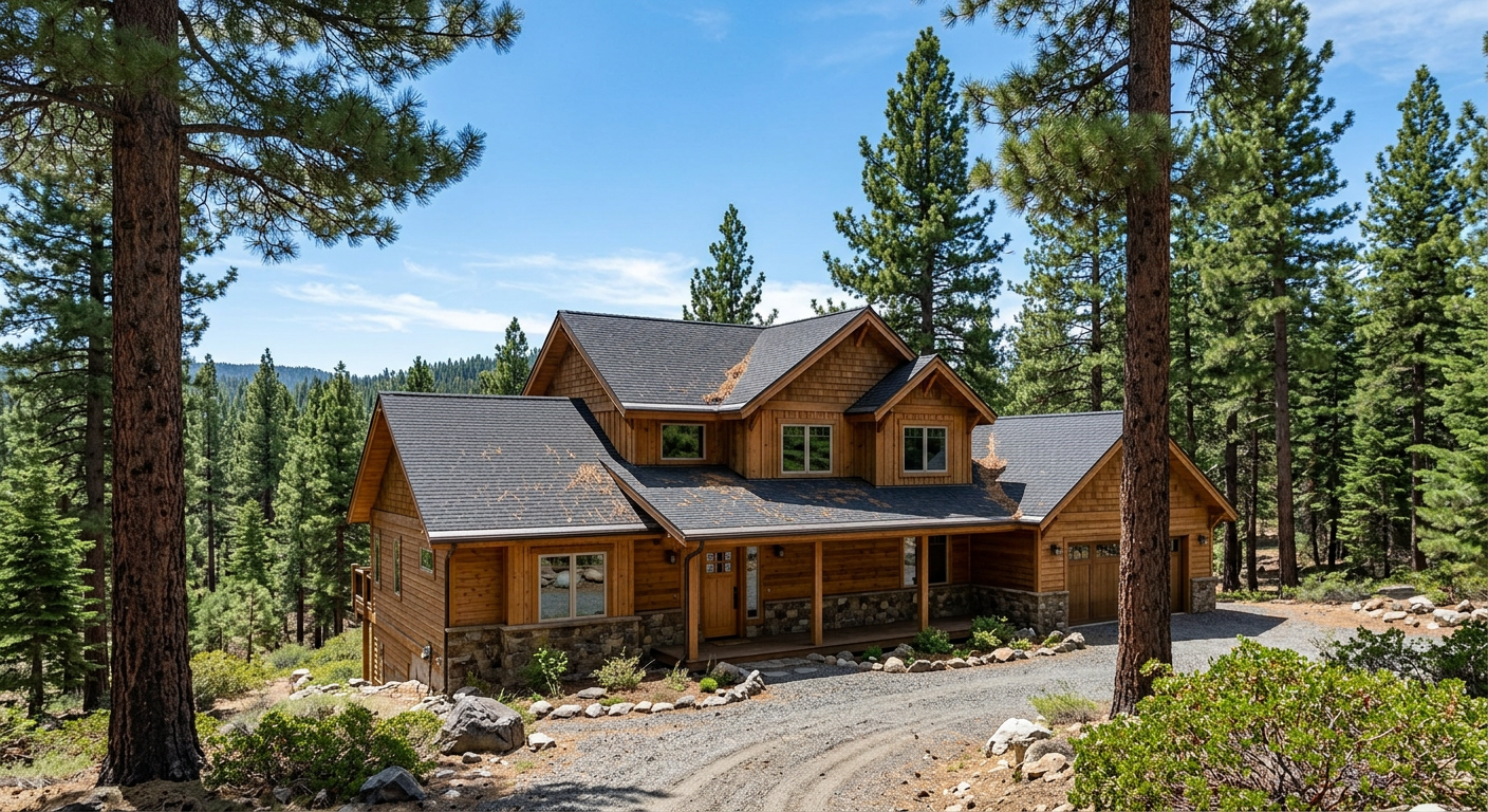 Two-story home surrounded by ponderosa pines with low-profile gutter guards