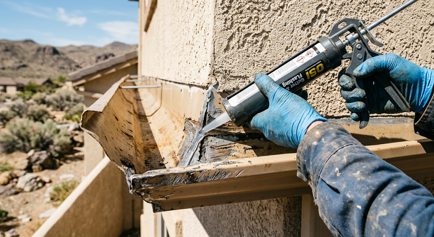 Technician resealing a leaking inside corner of an aluminum gutter