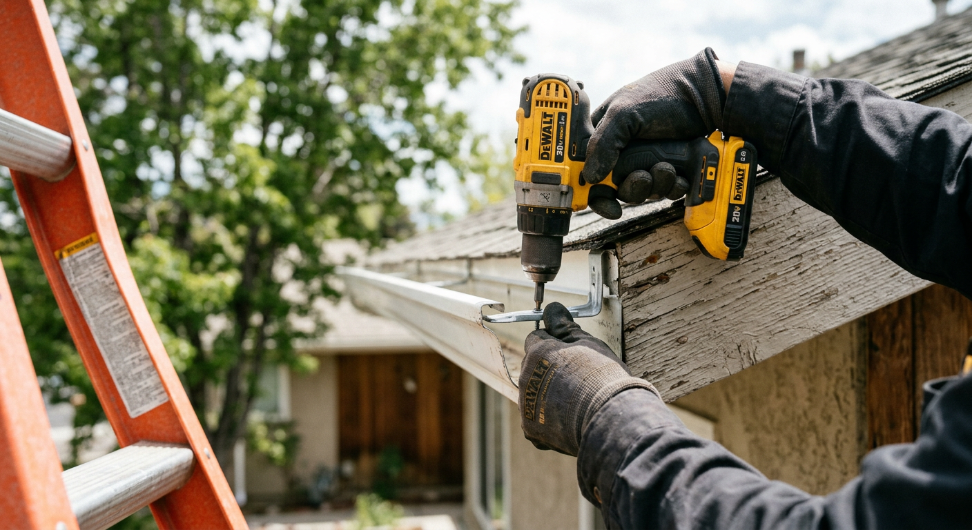 A technician re-securing a sagging gutter to the fascia with a hidden hanger